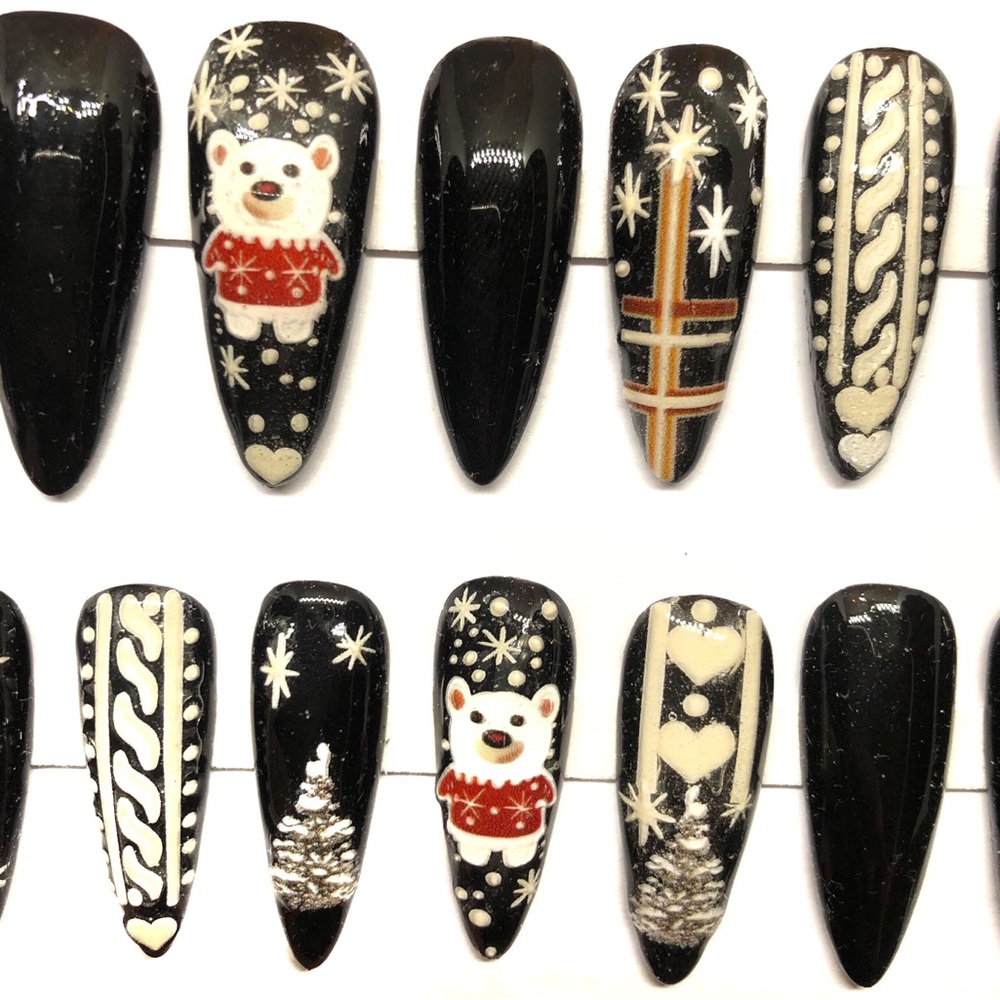 Handmade Press On Nails Custom Long Nails Almond Shape Black Christmas Nails - Picture 8 of 9